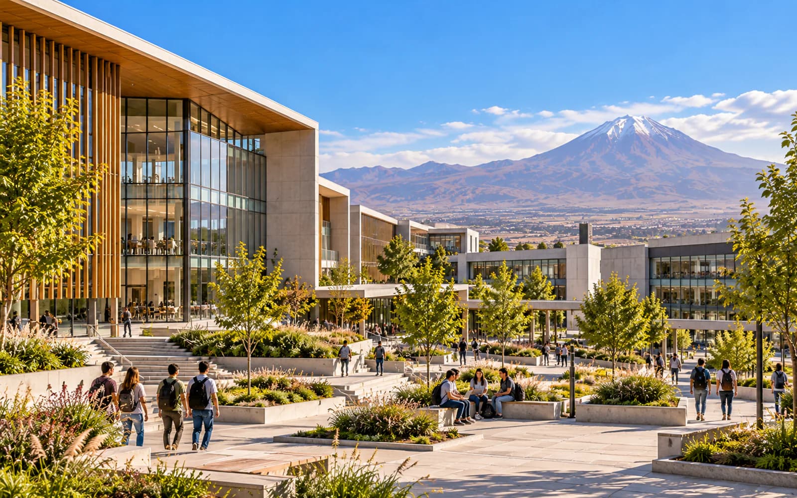 Visualización conceptual de un campus universitario con edificios acristalados, plazas y estudiantes.