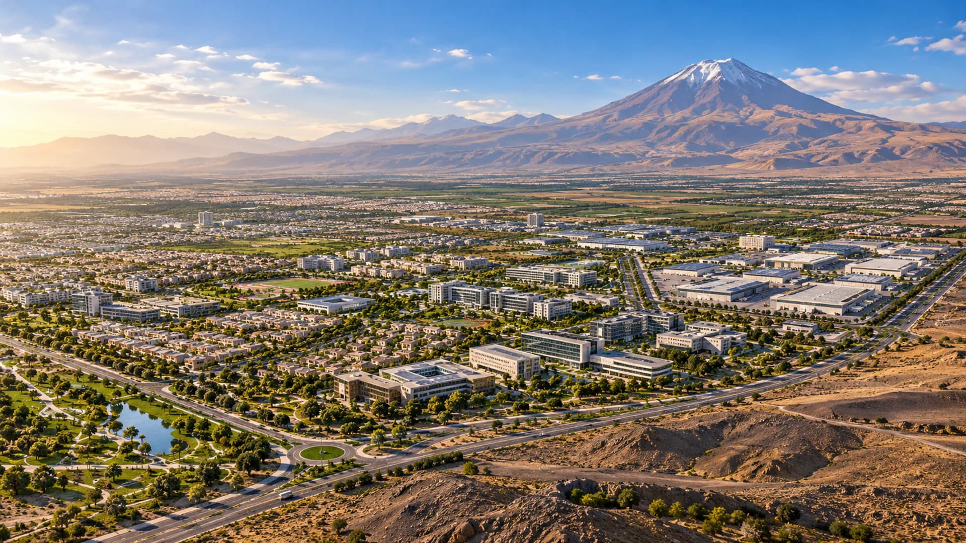 Visualización conceptual de La Nueva Arequipa al atardecer, con el volcán Misti al fondo, viviendas con jardines, áreas verdes, equipamientos urbanos y actividad productiva.