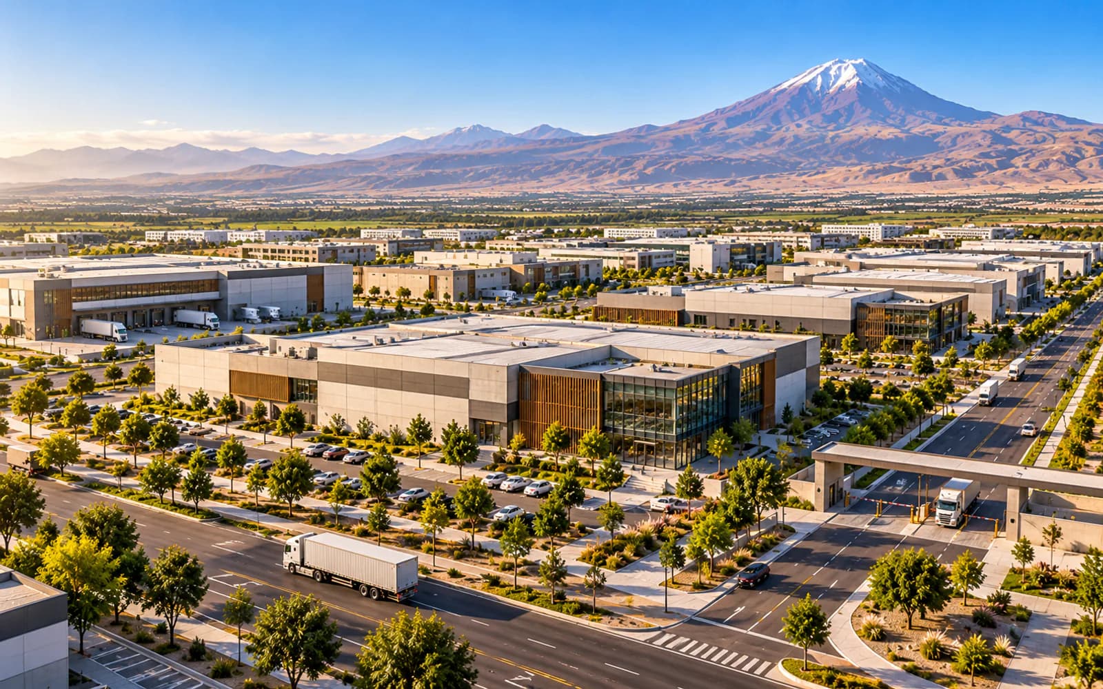 Visualización conceptual de un parque industrial y logístico con naves modernas, camiones y el volcán Misti al fondo.