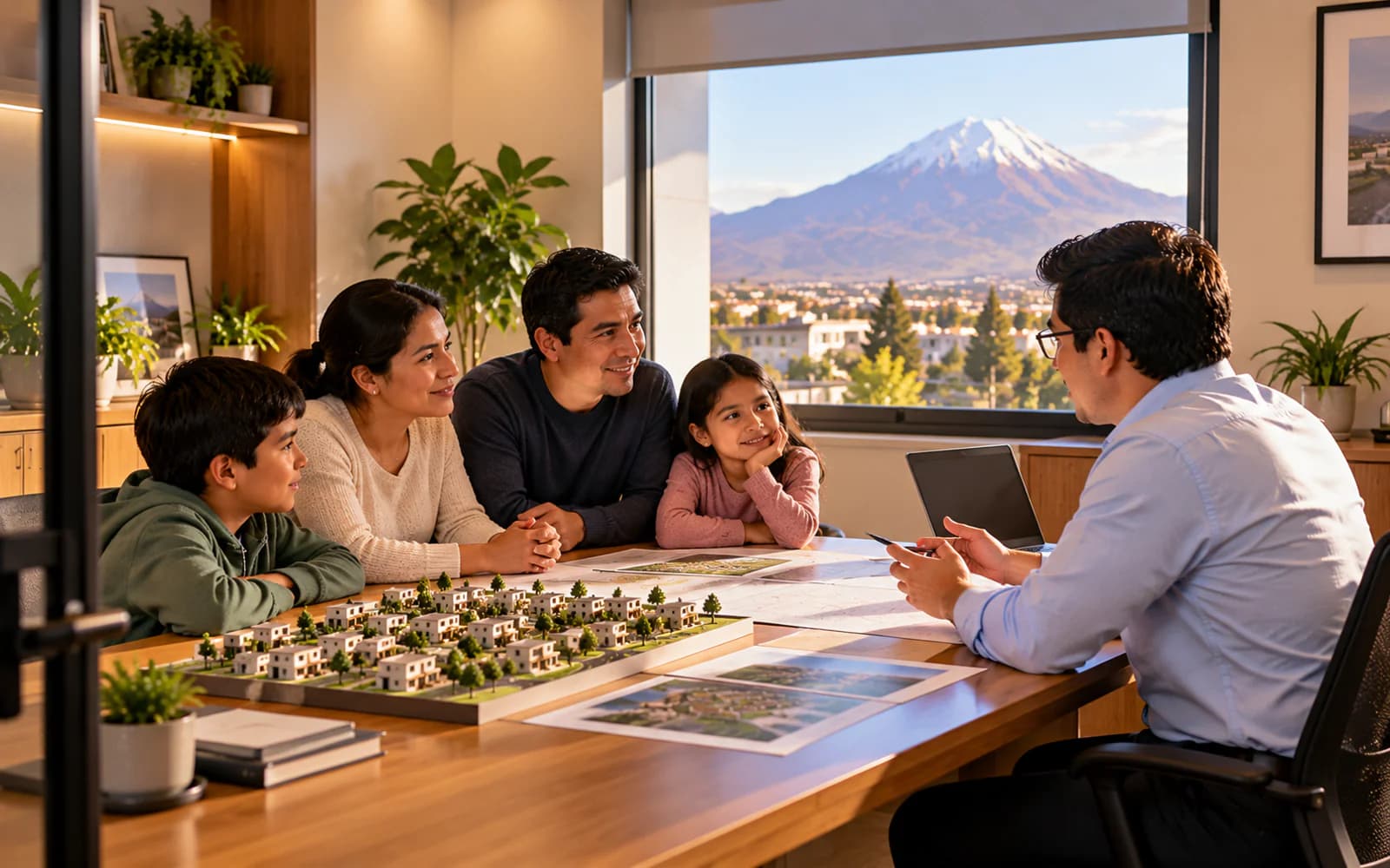 Visualización conceptual de una familia conversando con una persona orientadora sobre alternativas de vivienda, con una maqueta y documentos sobre la mesa.