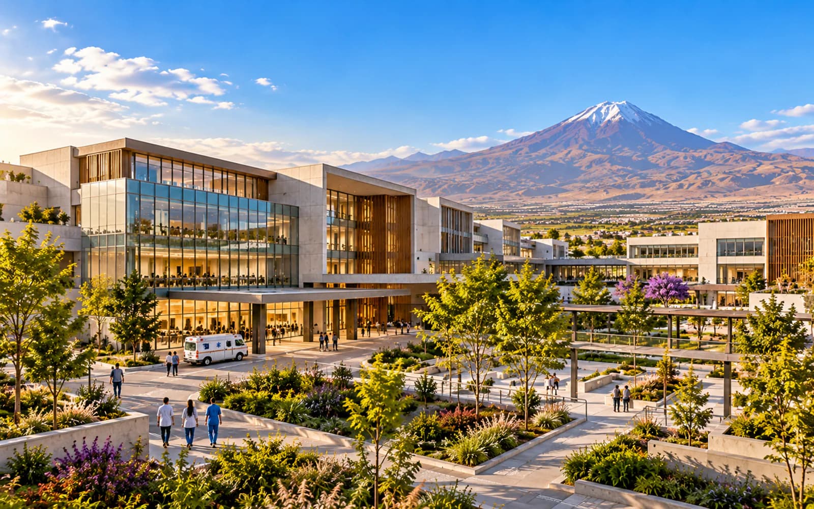 Visualización conceptual de un campus hospitalario con edificios modernos, áreas verdes y una ambulancia.