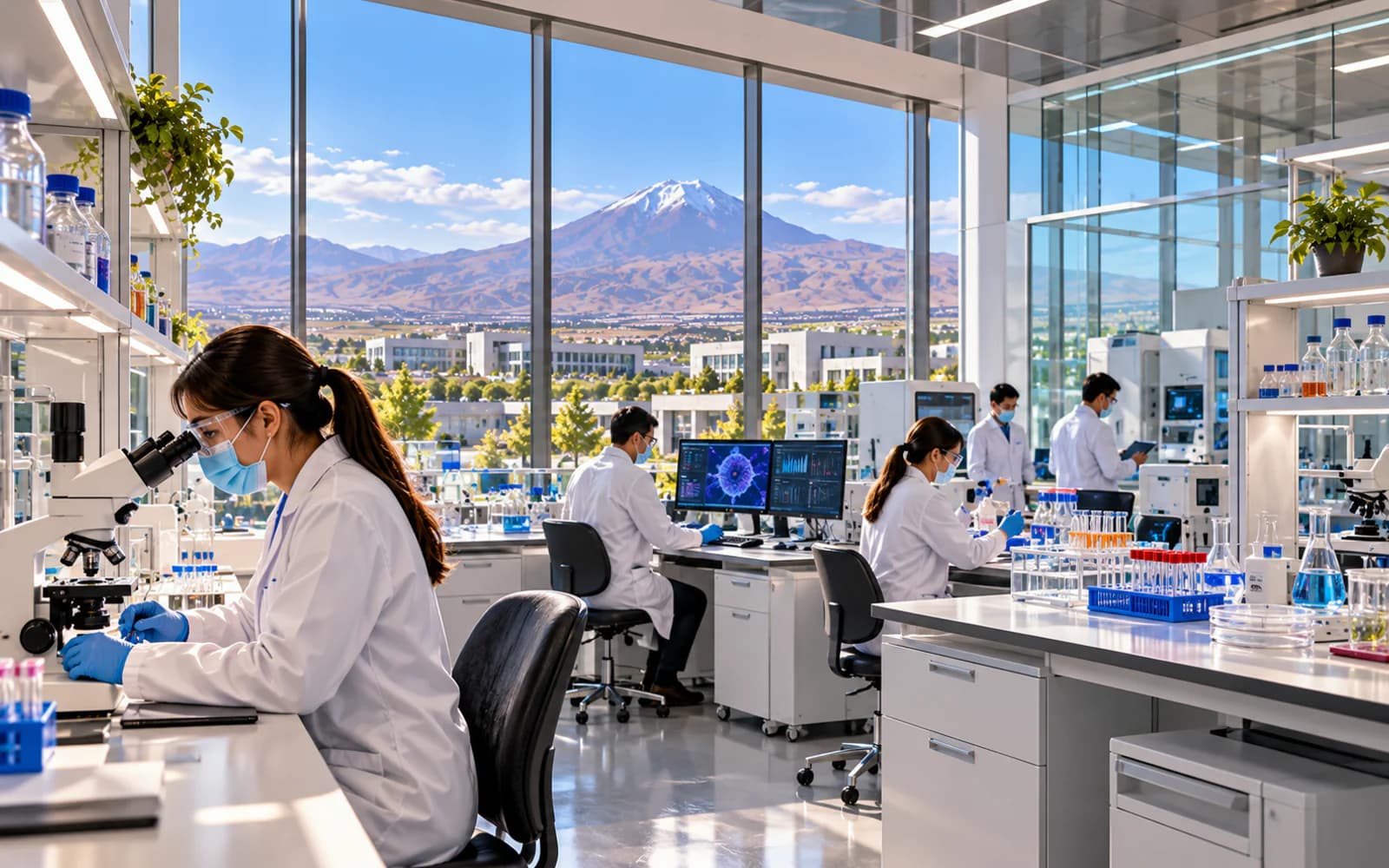 Visualización conceptual de un laboratorio de investigación biomédica con investigadores, microscopios y pantallas de análisis.