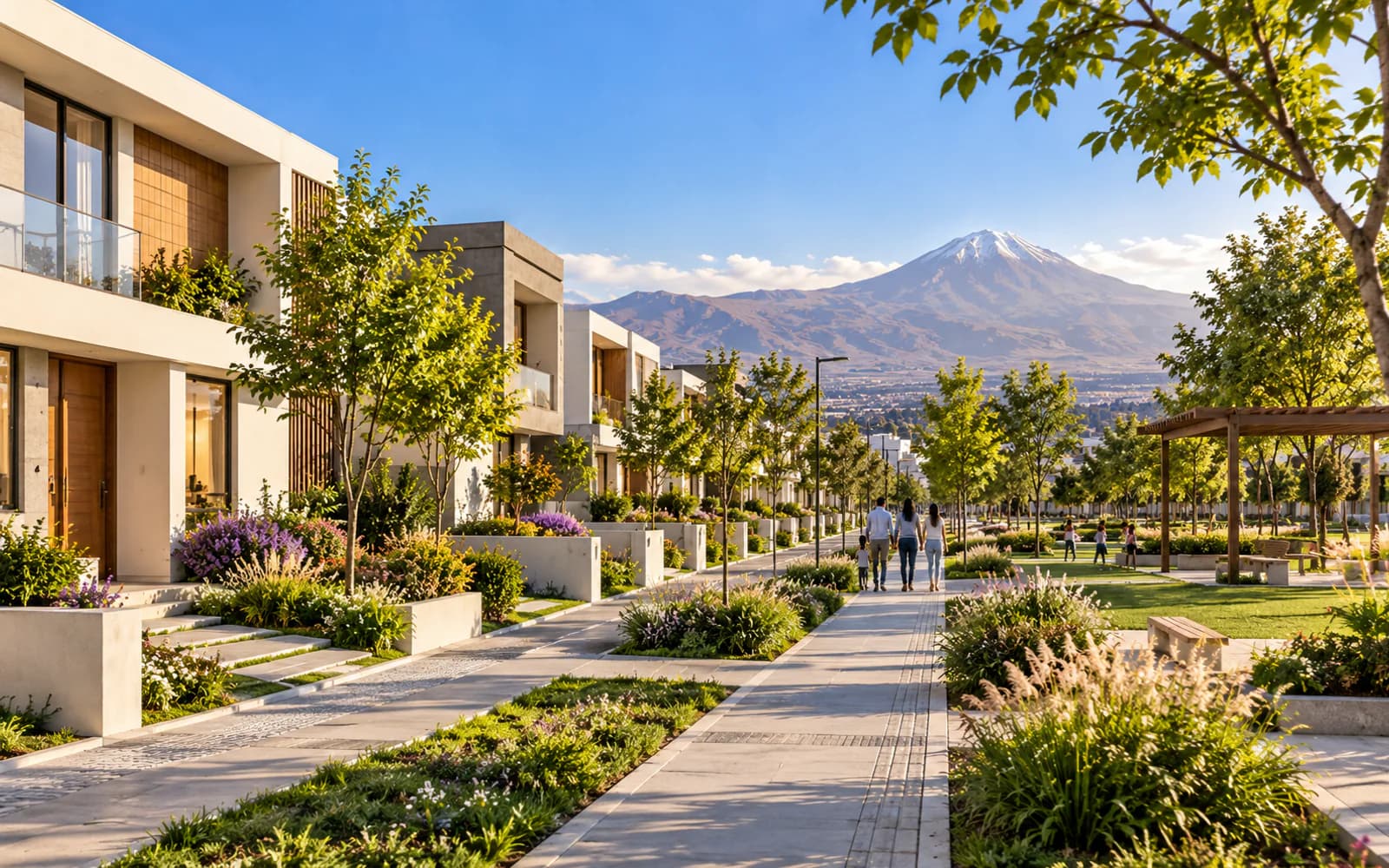 Visualización conceptual de viviendas contemporáneas con jardines frontales y calles arboladas.